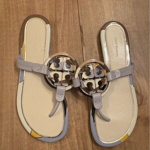 Tory Burch Cream and Tan Sandals with Logo Accent